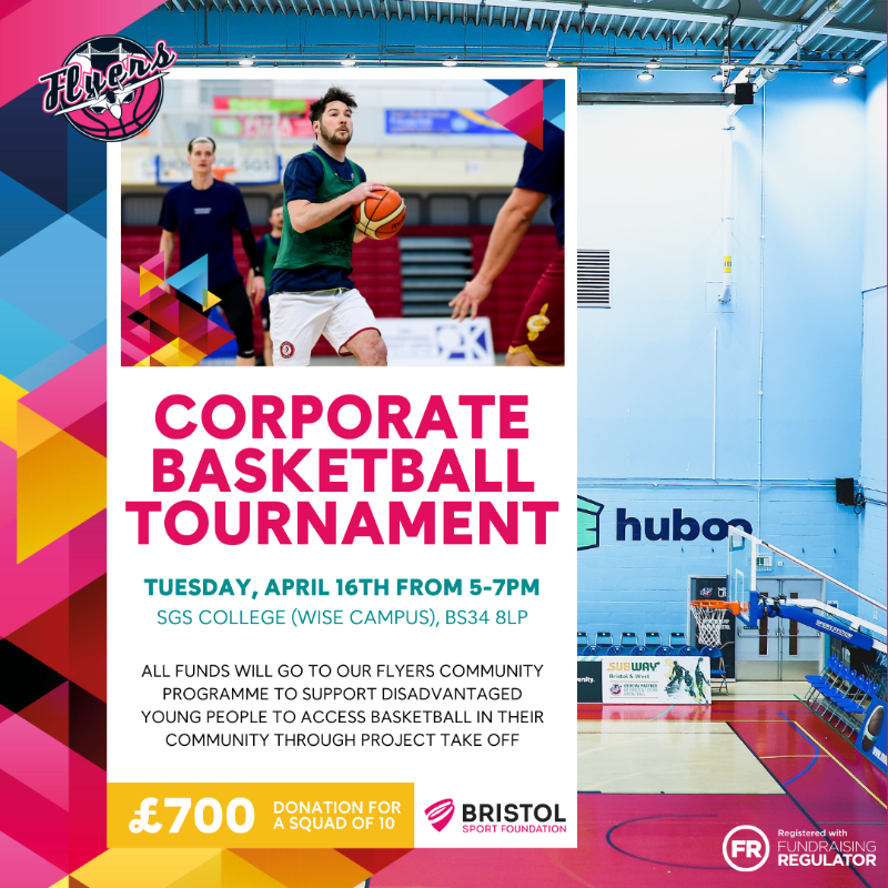 BristolFlyers's tweet photo. Squad up for @BSFound's Corporate Basketball Tournament.

All funds raised will help support disadvantaged young people be able to access basketball through Project Takeoff.

All teams entered will be coached by the Flyers first team. 𝘿𝙤𝙣'𝙩 𝙢𝙞𝙨𝙨 𝙤𝙪𝙩. 👇