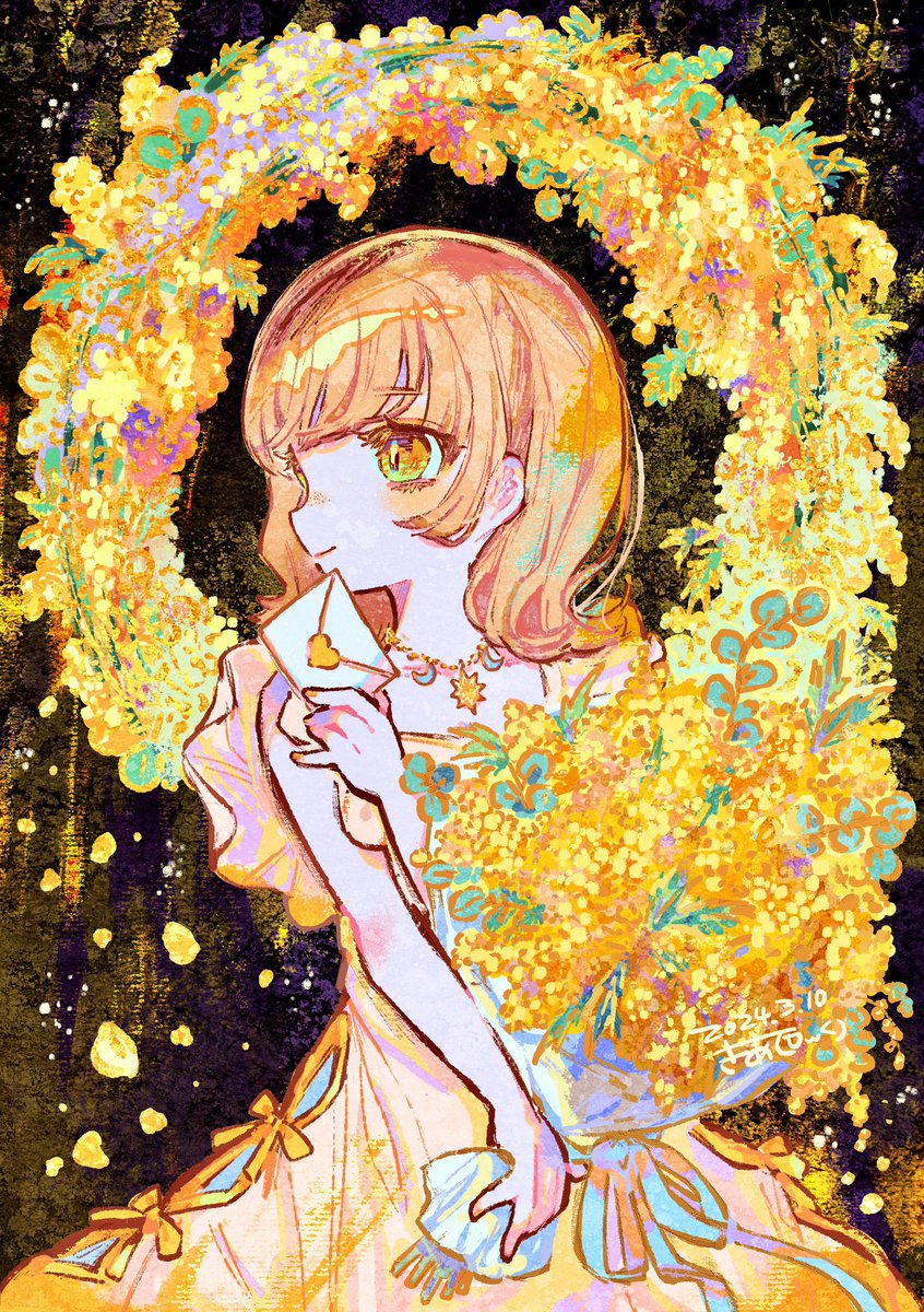 1girl solo dress flower yellow dress holding necklace  illustration images