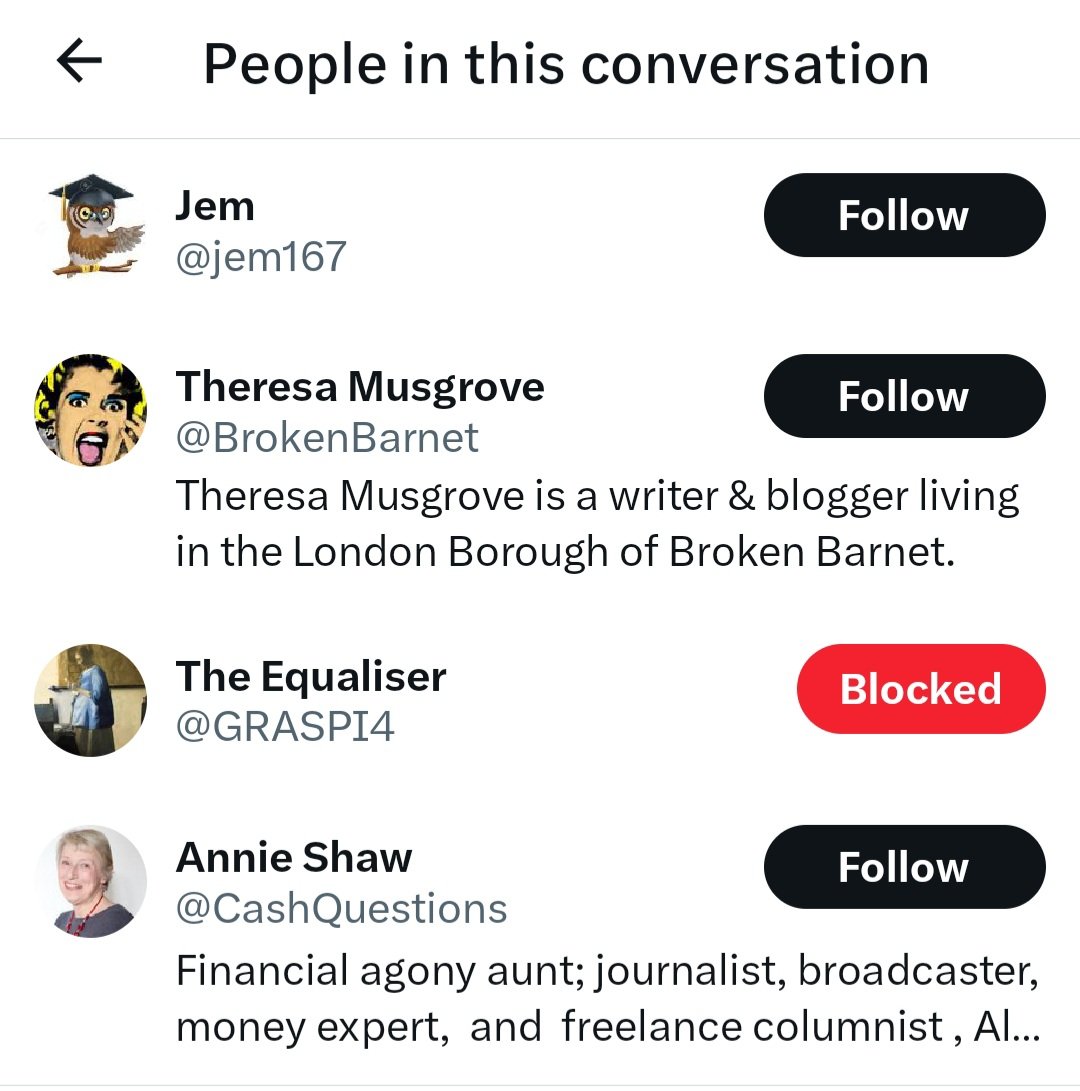 daverain's tweet image. Happened to come across this and couldn't help chuckling. What an echo chamber. I am blocked by 3 of them, and I blocked the other. For those that might know , Theresa was a good friend of a #50sWoman called Fiona. Not heard of her for a while. You have to laugh.