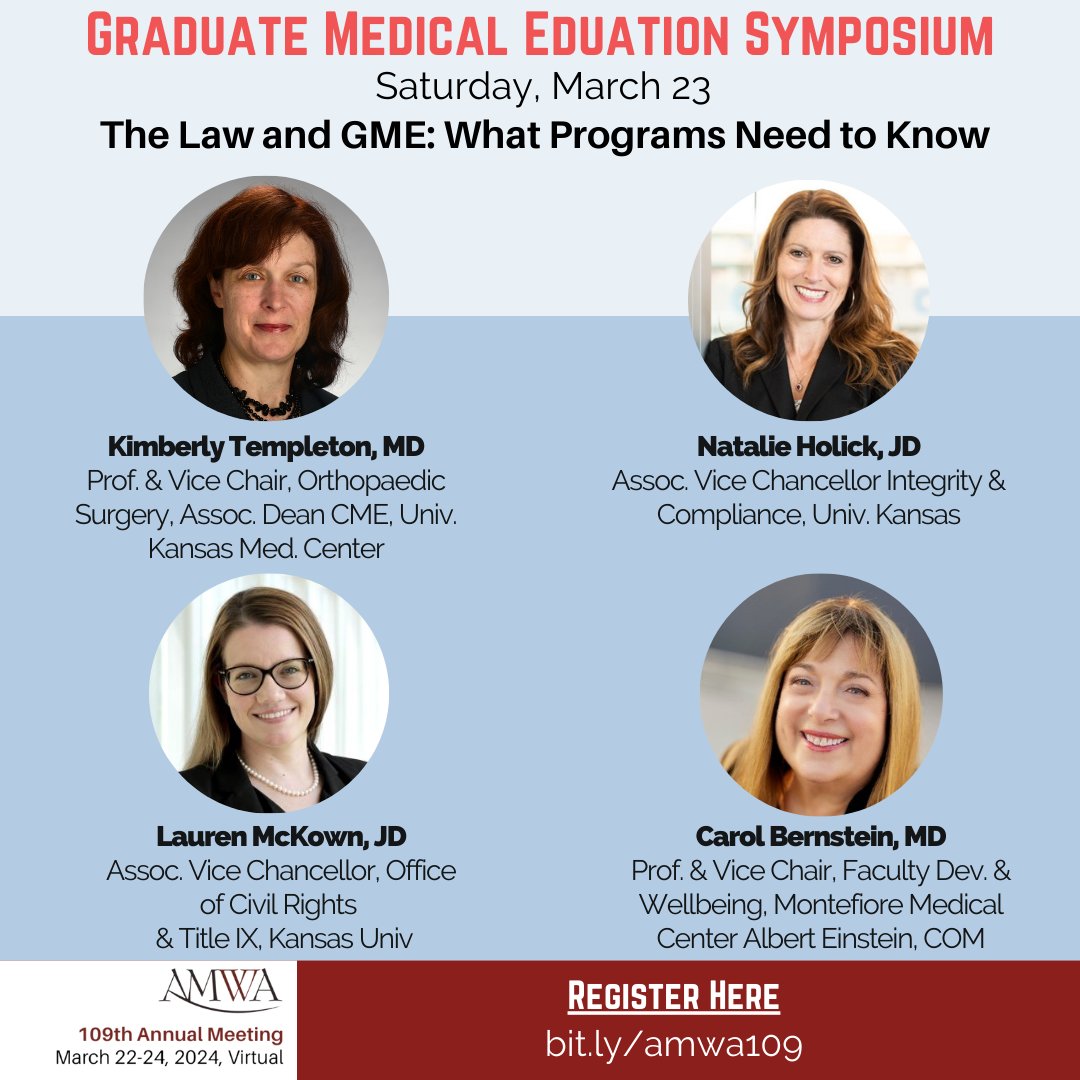 AMWADoctors's tweet photo. GME Symposium--What Residency Programs Need to Know about the Law in partnership with the Association of American Medical Colleges Group on Women in Medicine and Science https://t.co/MZPMjuwoCR #WomeninLeadership #WomeninMedicine #LeadershipCertificate #AMWAElevate https://t.co/d7JMZrXxb7