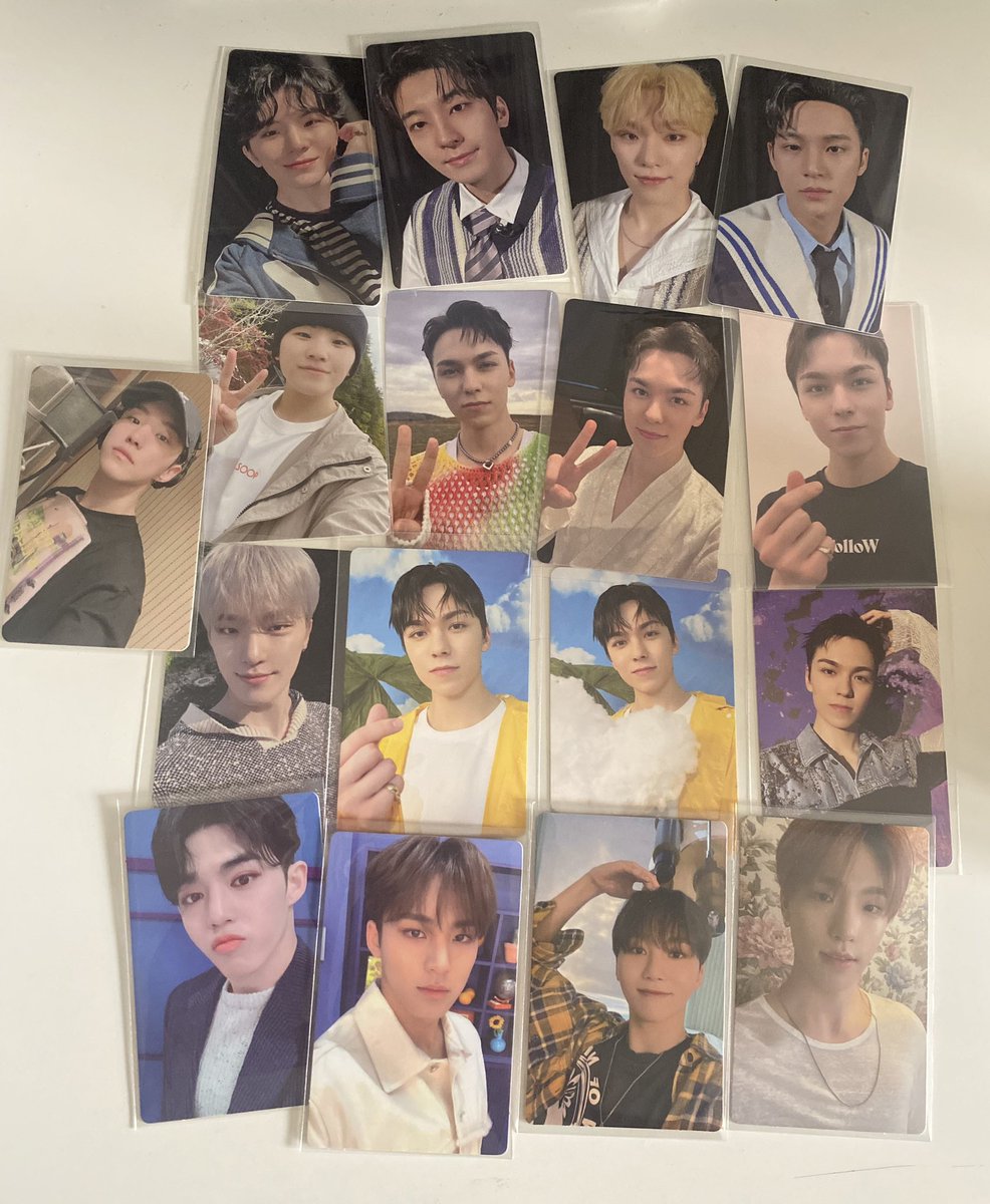simpjywh's tweet photo. pcs that arrived just this weekend 🤍
— carat land + hoshi kwannie dino pcs from @hoshitoraa #DyelsFeedbacks
— vernon heaven thanks pc set + dino AY dome from @boosahan #daegukartproofs
— jihoon its 1 vod pc from @twominuszu #fromizu
— cheolgyu from my YMMD personal pull <333 https://t.co/Quw31CRsQJ