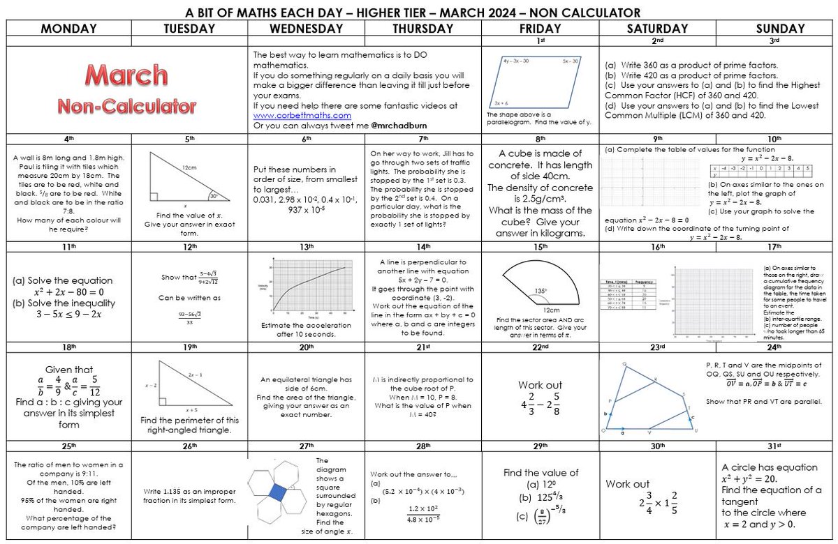 A little bit if maths each day really helps revision. March calendars and solutions (along with earlier months) available to download waynechadburn.wordpress.com/a-little-bit-o… #mathematics #maths #mathsisfun #gcsemathematics #mathsteacher #recurringdecimals #fractions #math #mathisfun