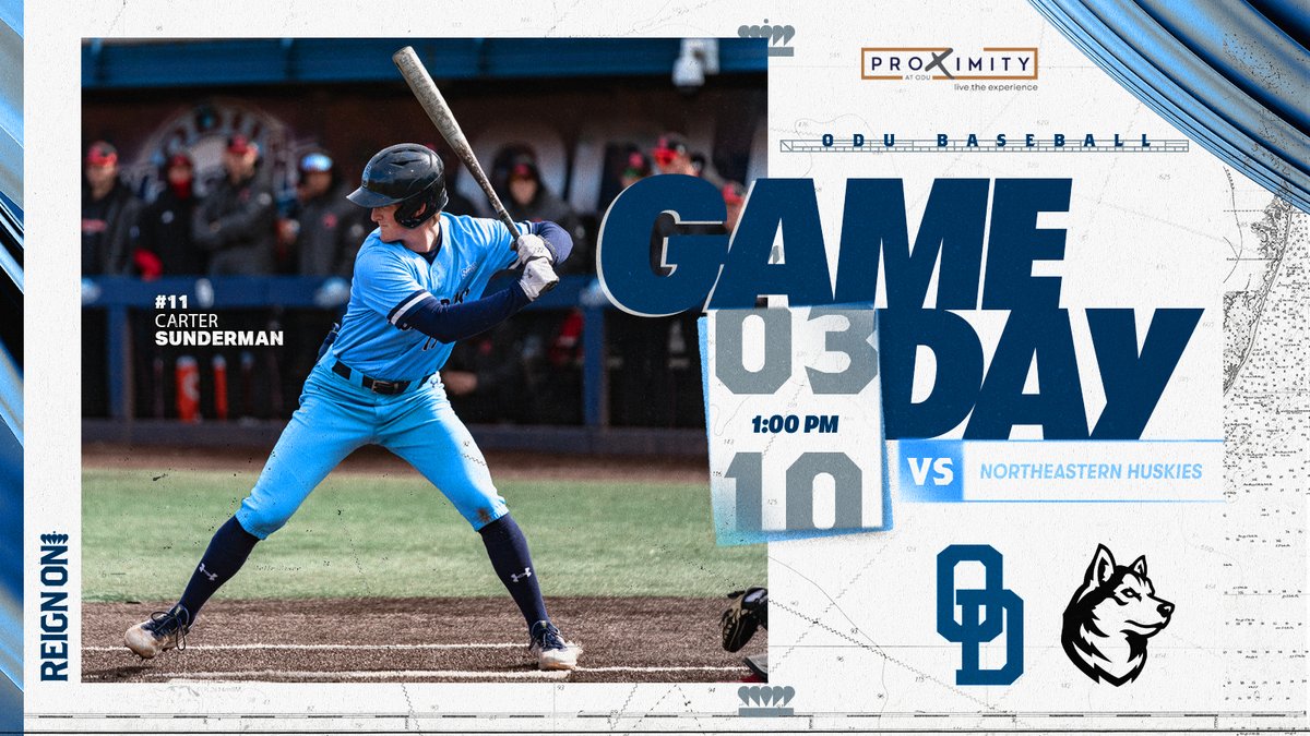 ODUBaseball's tweet photo. Rubber match at The Bud

🆚 | Northeastern
⏰ | 1 p.m.
📍 | Norfolk, Va.
📺 | https://t.co/BDiHOITiGt
📊 | https://t.co/BymDHTre77
🎟️ | https://t.co/jcm0jmjb7X

#ODUSports | #ReignOn | #Monarchs https://t.co/ir4Prwy5BK