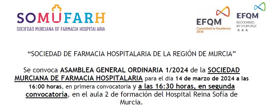 El jueves 14 de marzo a las 16:30, en segunda convocatoria, se celebrará la Asamblea General Ordinaria de @Somufarh en el aula 2 de @Area7ReinaSofia de #Murcia.
