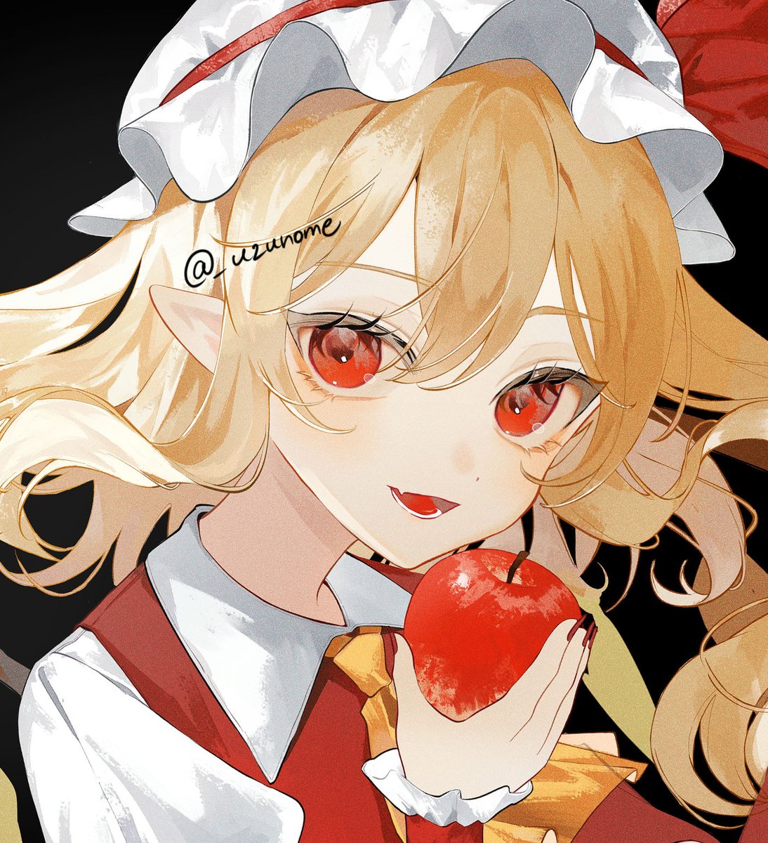 flandre scarlet 1girl solo hat apple food red eyes fruit  illustration images