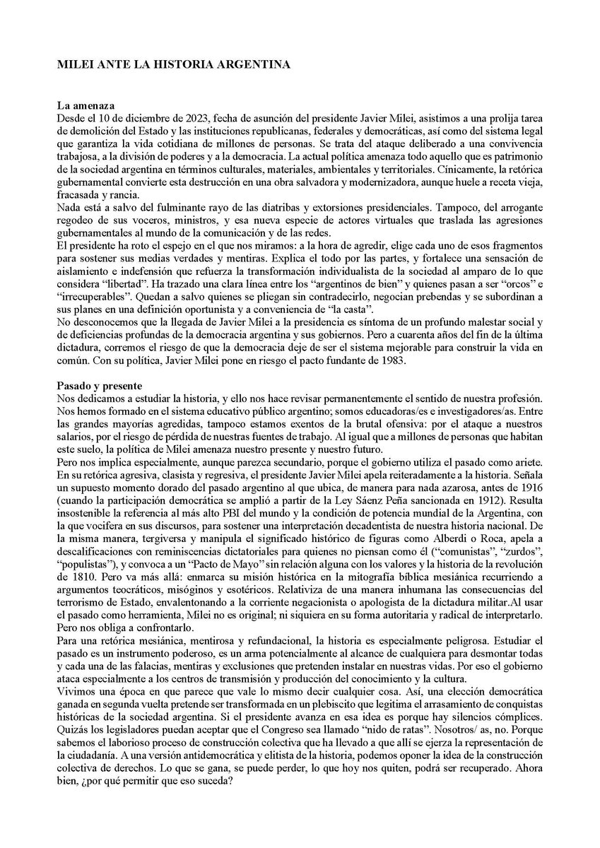 fwasserm's tweet photo. Lea, difunda, comente...
Comparto el texto del documento MILEI ANTE LA HISTORIA ARGENTINA que escribimos con un grupo de colegas y que en un par de días reunió casi 600 adhesiones nacionales y 300 internacionales de docentes e investigadores vinculados a la historia.
(sigue) 👇 https://t.co/emVLSB9O1r