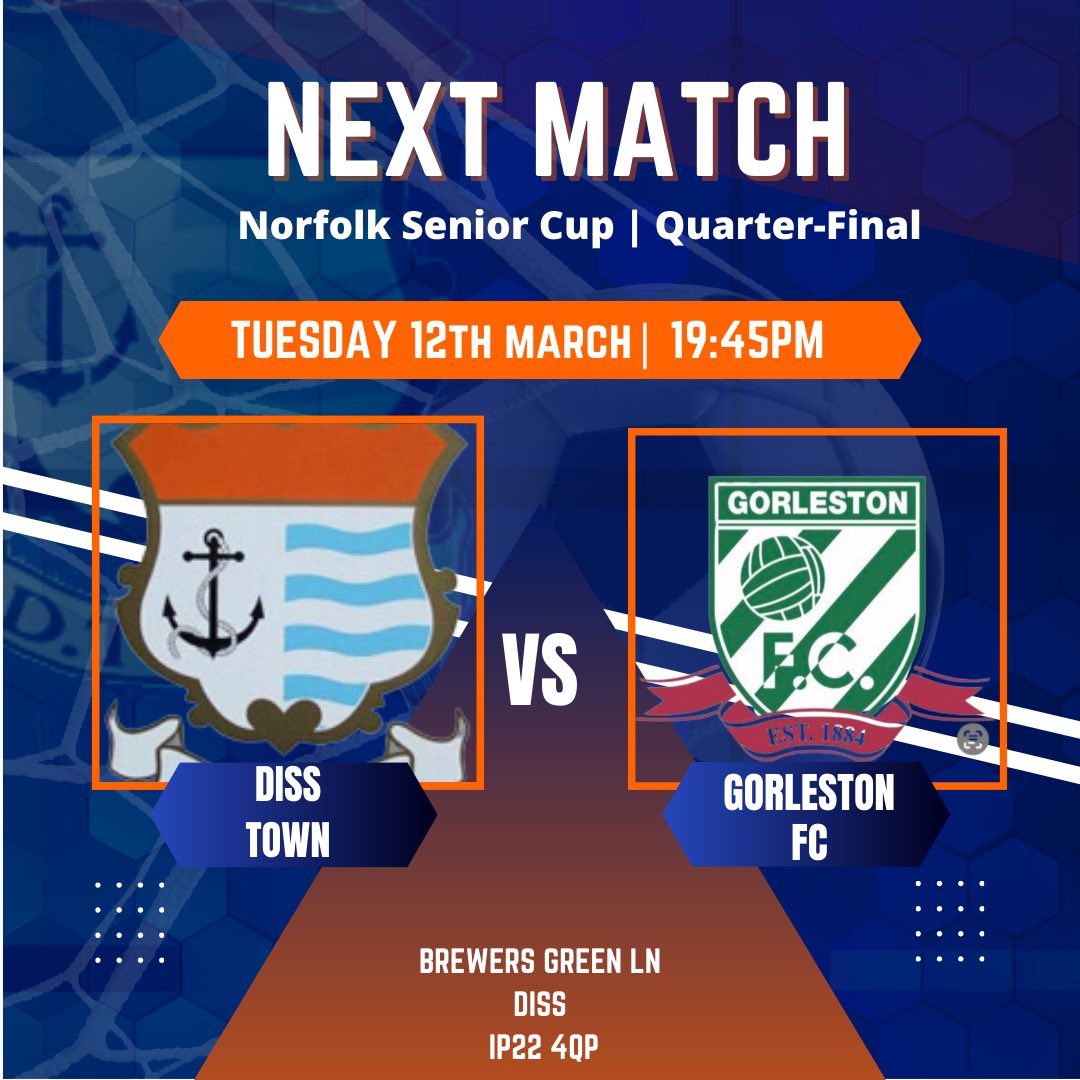 Diss Town FC (@disstownfc) on Twitter photo Next up for the <a href="/MoultonWindows/">Moulton Windows</a> Tangies at The BGL itโs the Norfolk Senior Cup Quarter-Final against <a href="/IsthmianLeague/">The Pitching In Isthmian League</a> side <a href="/gorlestonfc/">Gorleston Football Club</a>
Get yourselves there to cheer on the lads ๐ Next up for the <a href="/MoultonWindows/">Moulton Windows</a> Tangies at The BGL itโs the Norfolk Senior Cup Quarter-Final against <a href="/IsthmianLeague/">The Pitching In Isthmian League</a> side <a href="/gorlestonfc/">Gorleston Football Club</a>
Get yourselves there to cheer on the lads ๐