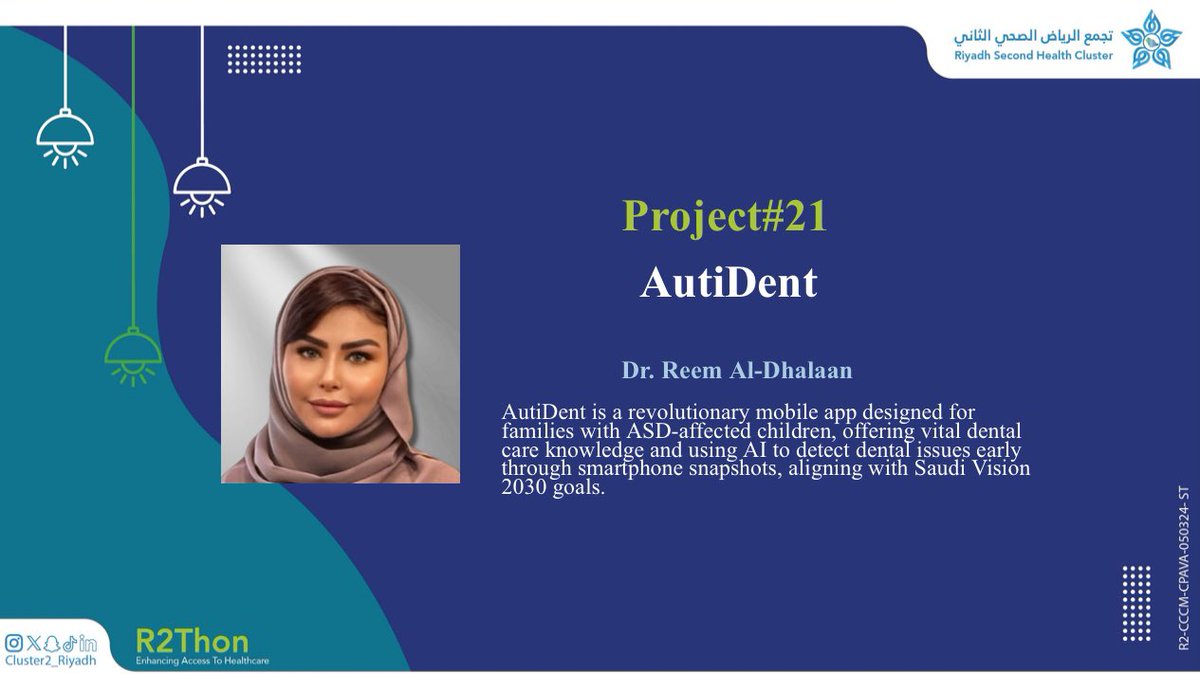 Cluster2_Riyadh's tweet photo. قدمت د. ريم الضلعان مشروع بعنوان AutiDent وهو تطبيق مُصمم للعائلات التي لديها أطفال مصابون بالتوحد ليقدم معرفة حيوية بالعناية بالأسنان ويستخدم الذكاء الاصطناعي
للكشف المبكر عن مشاكل الأسنان
#R2thon
#تجمع_الرياض_الصحي_الثاني https://t.co/TXGgo4BJka