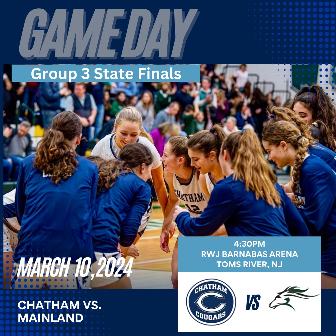 CHAMPIONSHIP SUNDAY!!! You ready Cougar Nation?! See you down the shore! Let's Do This! #BleedBlue @ChathamCougars @Athletics_CHS @chathamnjhoops @ChathamsTAP 📌RWJ Barnabas Arena, Toms River, NJ ⌚️4:30PM 🆚@MainlandGBBall 🎟️njsiaa.org/tickets 📺highschoolsports.nj.com/girlsbasketbal…