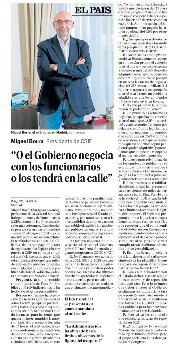 CSIFnacional's tweet photo. 🗣 Miguel Borra, presidente de #CSIF: “O el Gobierno negocia la recuperación salarial de los funcionarios o los tendrá en la calle”. @el_pais https://t.co/tlO2zQXISr