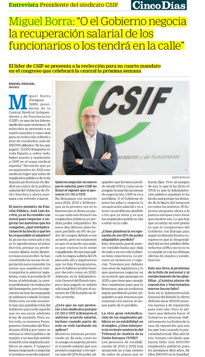 CSIFnacional's tweet photo. 🗣 Miguel Borra, presidente de #CSIF: “O el Gobierno negocia la recuperación salarial de los funcionarios o los tendrá en la calle”. @el_pais https://t.co/tlO2zQXISr