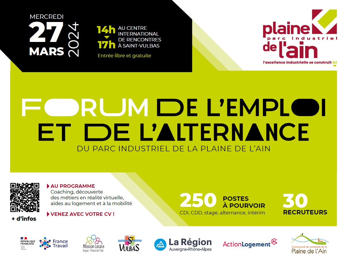 Rendez-vous le 27 mars prochain pour le Forum de l'emploi et de l'alternance du Parc Industriel de la Plaine de l'Ain #PIPA ! 30 employeurs / 250 opportunités professionnelles.
Plus d'infos : plainedelain.fr/actualites-du-…