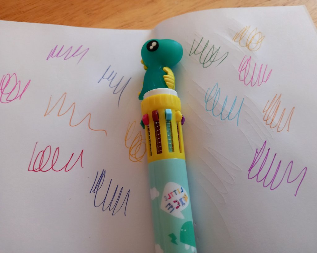 misheleneous's tweet photo. Epic Mothers Day gift from Heidi (with a little help from Ste 😄). I've never seen yellow, brown, pink, turquoise, purple or orange biro before! 🖊 You have to press Dino's head to change colour too 🦖 #stationery #novelty #pen #dinosaur #wellchuffed https://t.co/kA8lEPnPDC