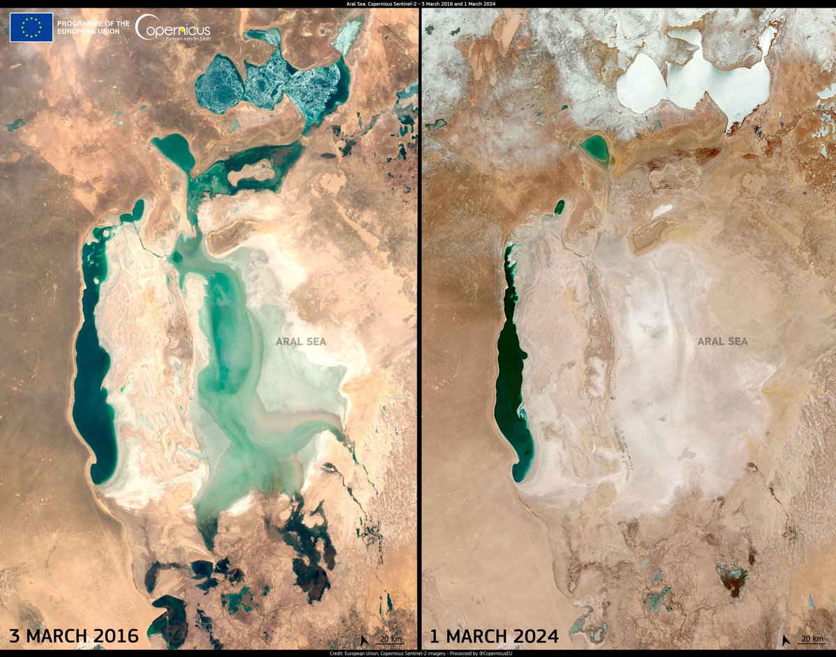 Aral Denizi bir zamanlar hayati bir su kaynağıydı

3 Mart 2016 ve 1 Mart 2024 tarihli #Sentinel2 görüntüleri