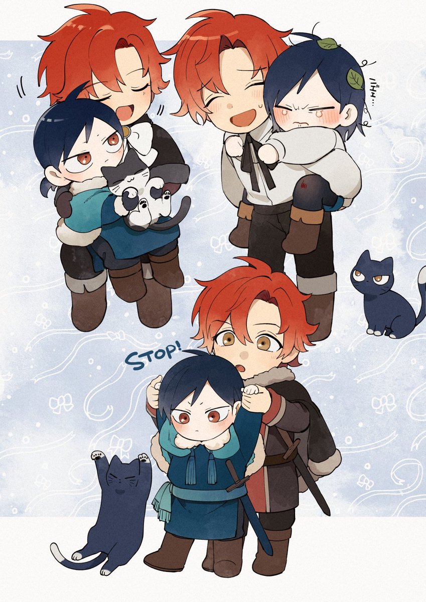 multiple boys carrying red hair 2boys cat male focus brothers  illustration images