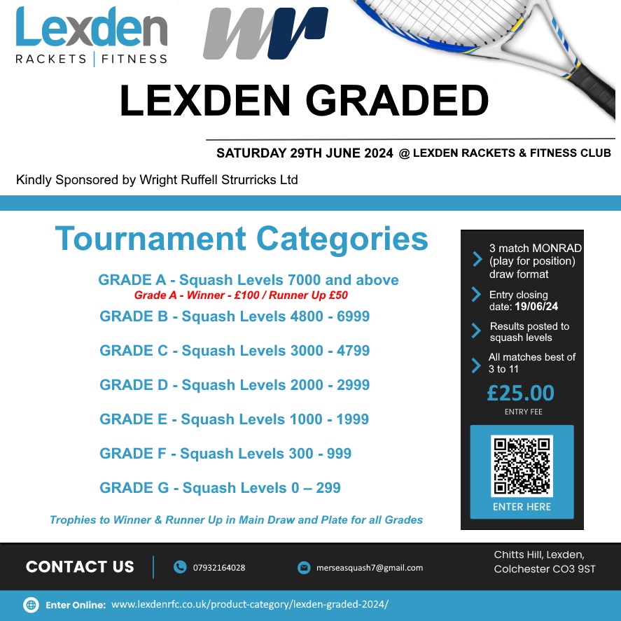 The date for our next Squash Graded Tournament is Saturday 29th June. Entries are open and can be made at 👉 lexdenrfc.co.uk/product-catego… Hope to see familiar and new faces 💪👏 #squash #colchester #tournament