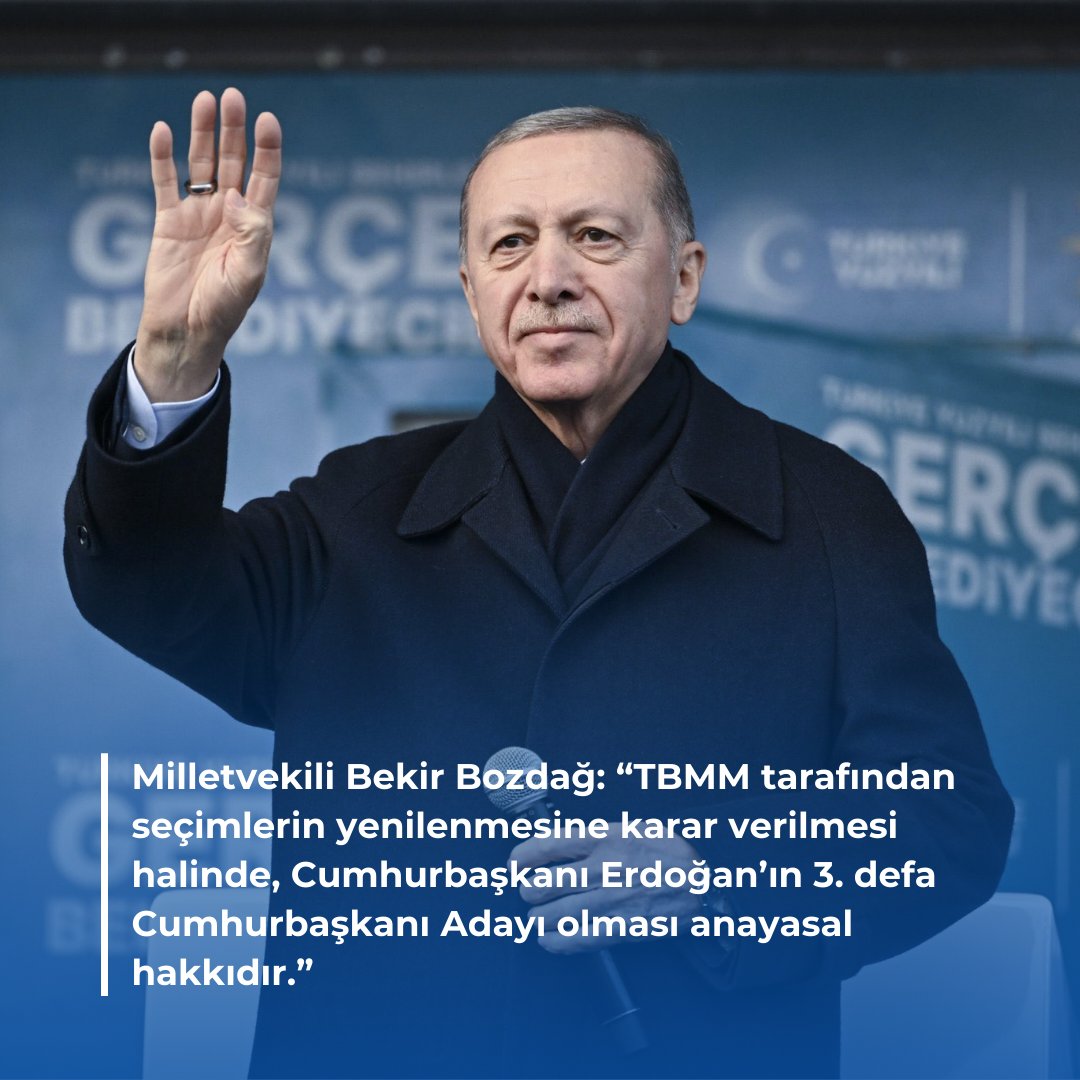 Milletvekili Bekir Bozdağ: 

“TBMM tarafından seçimlerin yenilenmesine karar verilmesi halinde, Cumhurbaşkanı Erdoğan’ın 3. defa Cumhurbaşkanı Adayı olması anayasal hakkıdır.”

#milletvekili #bekirbozdağ #TBMM #seçim #yenilenme #cumhurbaşkanı #erdoğan #aday #anayasal #hak