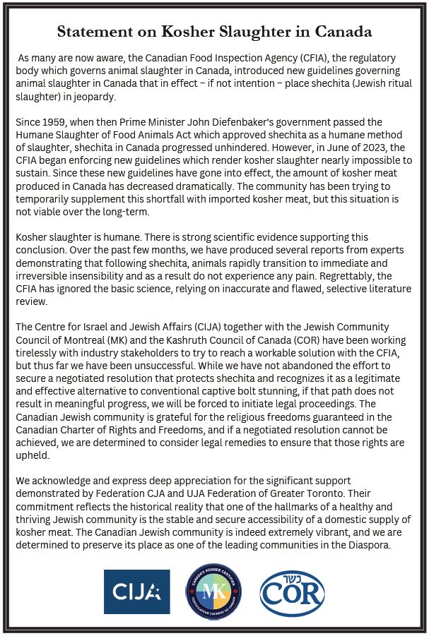 CORKosher's tweet image. Please note this important statement regarding Kosher slaughter in Canada. @CIJAinfo @MKKosher