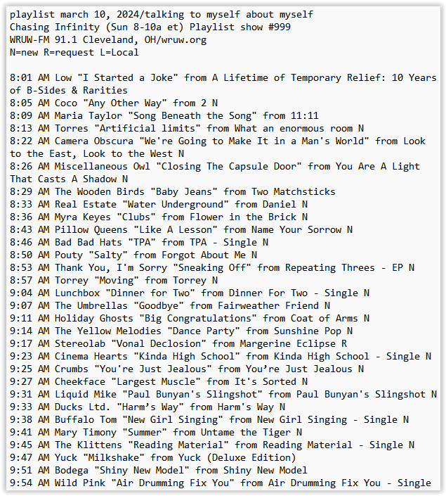 my @WRUW playlist this am ft: @maiafffff @torreslovesyou @realestateband @PillowQueens @BadBadHats @thankyouimsry @torreyband @theumbrellassf @YellowMelodies @cinema_hearts @cheekfaceREAL @liquidmikeband @ducksltdband @SkepWax @theklittens @WildPinkNYC @MaryT_Money + more ⬇️