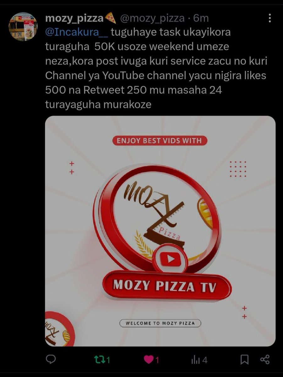 sindiheba1's tweet image. Hello my X People 👋 😩

Nkuko mubibona hano hari 50K ziri Ku meza 500 likes&amp;amp;250 Retweets 😭 🙏

Murabizi ko @mozy_pizza ar'aba 1 kuri Pizza za Qualite muri KGL ark musuye iyi YouTube channel 👇

 youtu.be/8X1NZroJod0?si… mwabona nibindi byinshi bakora 🔥