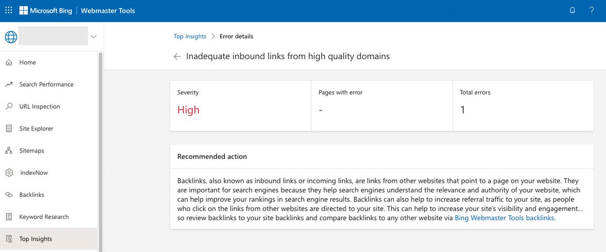 Bing keeps it real 💯 One of the top errors with my site is 'Inadequate inbound links from high quality domains' 😅 'Backlinks...are important for search engines because they help search engines understand the relevance and authority of your website, which can help improve your…
