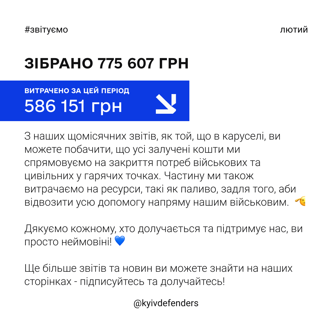 KyivDefenders's tweet photo. Також у лютому #KDteam спільними зусиллями змогли:
✔️Організувати благодійний футбольний квіз
✔️Провести кілька благодійних аукціонів і закрити важливі збори
✔️Зібрати 775 607 грошей на нагальні потреби захисників
✔️Здійснити виїзд #KDнаСхід та передати допомогу https://t.co/ea6GevDXYG