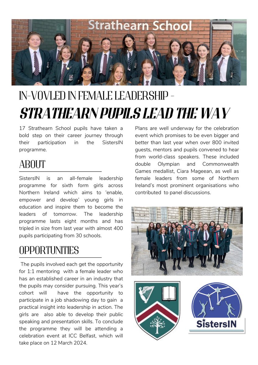 SistersIN_Stra's tweet photo. SistersIN leadership programme has given our pupils amazing opportunities again this year. We look forward to the ICC Celebration event on Tuesday. @SistersIN_HQ @BelfastICC @DanskeBank_UK @Ed_Authority @QUBelfast @JKFoundationNI @Strathearn_Sch #SistersIN24 https://t.co/mPqC1cZsJv