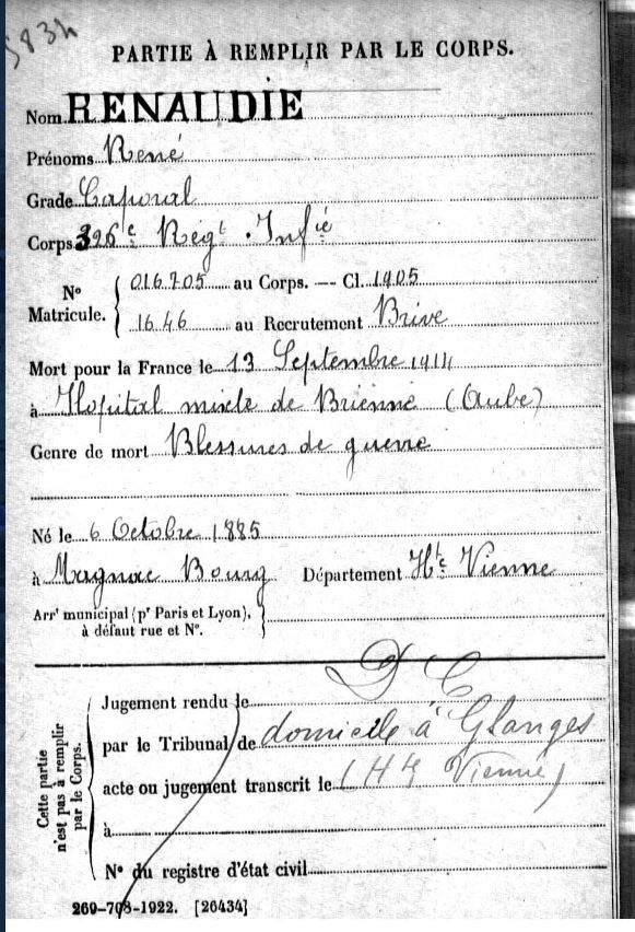 #1J1P @tadoukoz Cimetière de Magnac Bourg 87 Caporal René RENAUDIE du 326e RI blessé le 11 sept (cf JMO du 326eRI) MPLF de ses blessures le 13 sept 1914. Malheureusement son portrait disparait... MDH memoiredeshommes.sga.defense.gouv.fr/fr/arkotheque/… FM archives.haute-vienne.fr/rechercher/arc…