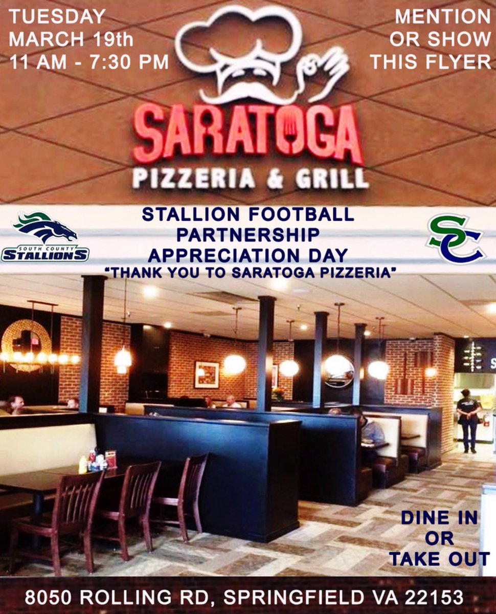 Come join <a href="/SoCoFootball/">Stallion Football</a> at Saratoga Pizza &amp; Grill Tuesday, March 19th 11 AM - 7:30 PM!  Help support a great partnership with some great food!  #FAMILY #SoCoPride