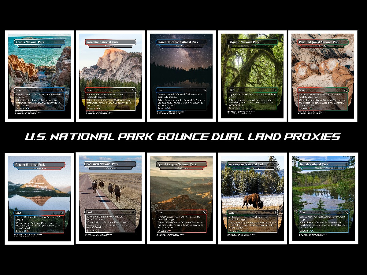 MythicCustoms's tweet photo. New products  in stock now! U.S. National Park Dual Land proxies featuring amazing  photography of the wonders of nature - Bond Lands, Bounce Lands, and  Shock Lands available!
Bond: https://t.co/5wOkaU3ilb
Bounce: https://t.co/auAjYOjoEj
Shock: https://t.co/FpuoxX1NmO https://t.co/yI70YDmTvW