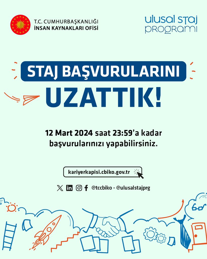 Yoğun taleplerinizi aldık! 📨

#UlusalStajProgramı başvurularını 12 Mart 2024 saat 23.59’a kadar uzatıyoruz. Son 2 günü iyi değerlendirin, başarılar dileriz. 😇 

<a href="/tccbiko/">T.C. Cumhurbaşkanlığı İnsan Kaynakları Ofisi</a> <a href="/kariyerkapisi/">Kariyer Kapısı</a> #USP