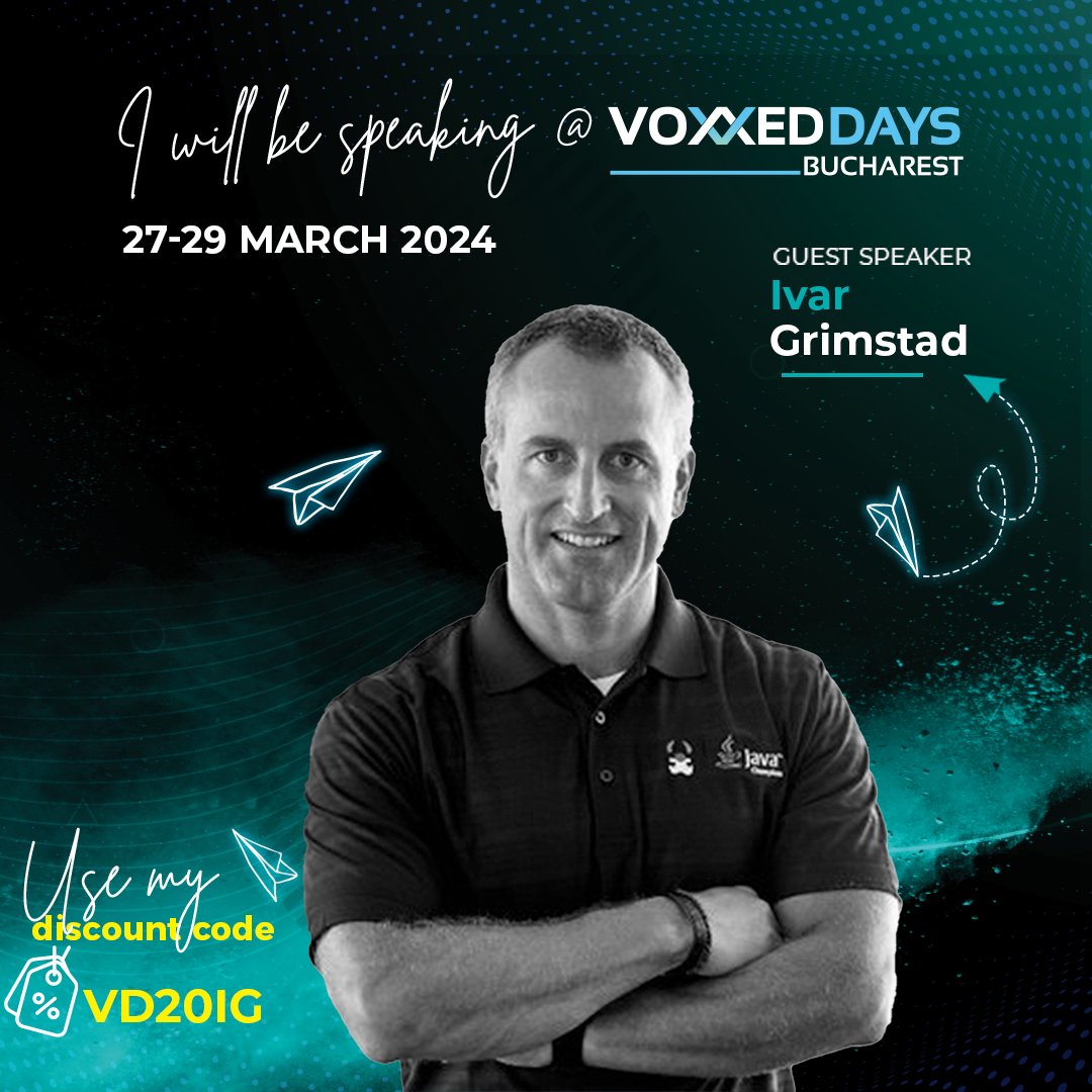 Ivar Grimstad (@ivar_grimstad) on Twitter photo I'm excited to be presenting at <a href="/voxxedbucharest/">Voxxed Days Bucharest (26-27 March 2025)</a> 2024!
Use the code VD20IG to get a 20% discount on this 3-day community-driven event, here: romania.voxxeddays.com/voxxed-days-bu…
#itwillbefun #JakartaEE #EclipseFoundation #Community #VoxxedDaysBucharest I'm excited to be presenting at <a href="/voxxedbucharest/">Voxxed Days Bucharest (26-27 March 2025)</a> 2024!
Use the code VD20IG to get a 20% discount on this 3-day community-driven event, here: romania.voxxeddays.com/voxxed-days-bu…
#itwillbefun #JakartaEE #EclipseFoundation #Community #VoxxedDaysBucharest