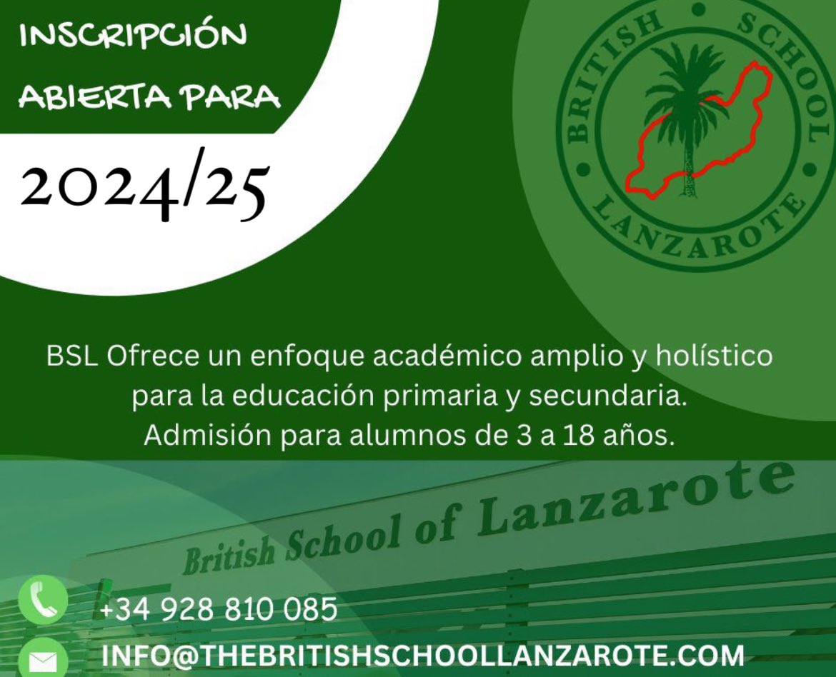 El periodo de matriculación 'British School of Lanzarote' para el curso escolar 2024/25 está abierta! 

Comuníquese con administración para obtener más detalles:
✉️ info@thebritishschoollanzarote.com
