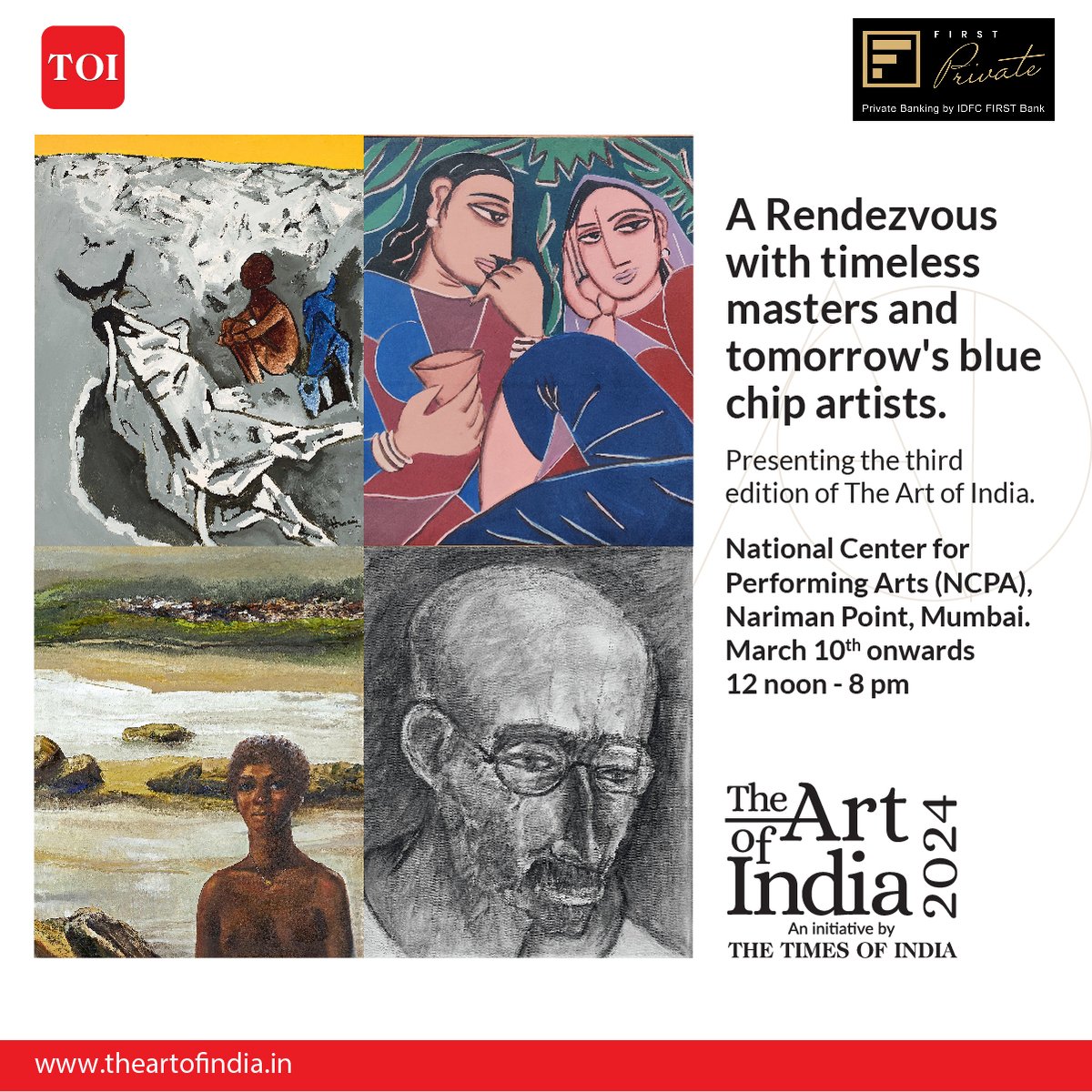 Step into a world of artistic brilliance. Join us for an unforgettable encounter, starting March 10th, immerse yourself in creativity from 12 noon to 8 pm at the National Center for Performing Arts (NCPA), Nariman Point, Mumbai. 

#TheArtOfIndia2024 #TheArtOfIndia #TOI