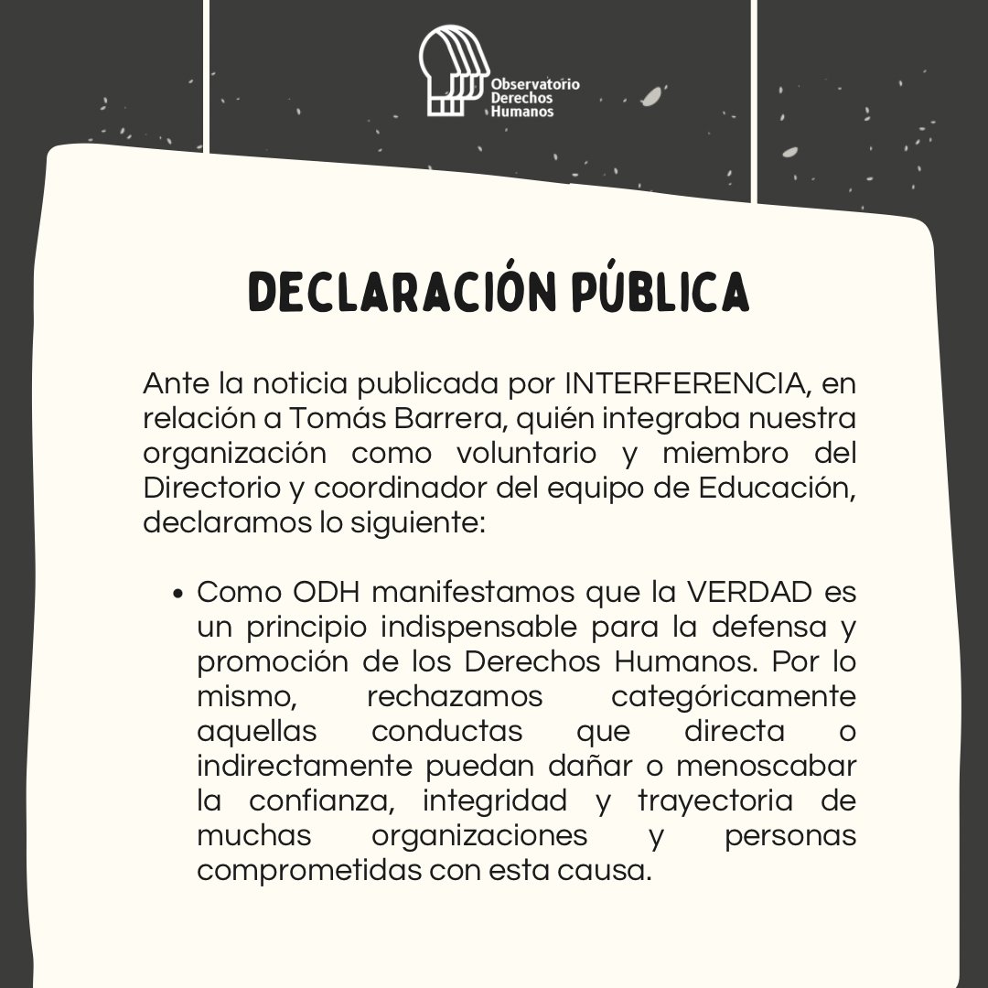 odhchile's tweet photo. Sobre la publicación del medio INTERFERENCIA y las reacciones de organizaciones de DD.HH, el ODH Chile publica la siguiente declaración sobre el caso de Tomás Barrera. Lamentamos profundamente que un exintegrante de nuestra organización sea responsable de esta gravísima situación https://t.co/oekTIA5dL1