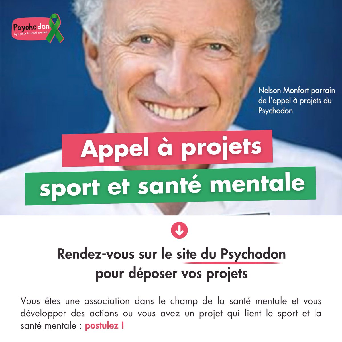 🚨 Lancement aujourd'hui de l'appel à projets 'Sport et santé mentale' ->> Postulez psychodon.org/appel-a-projet… @FranceTV @francetvsport @n_monfort @dmeillerand