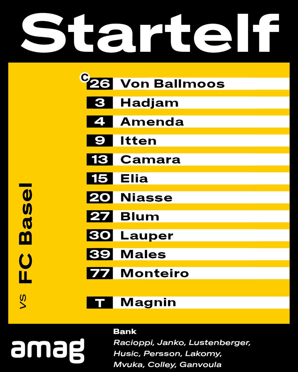 STARTING 1⃣1⃣
So spielt YB heute gegen Basel 💛🖤
YB ohne Benito, Imeri, Ugrinic (verletzt), Marzino und Deme (U21).

#bscyb #ybforever #ybfcb <a href="/AMAG_Media/">AMAG MediaTeam</a>