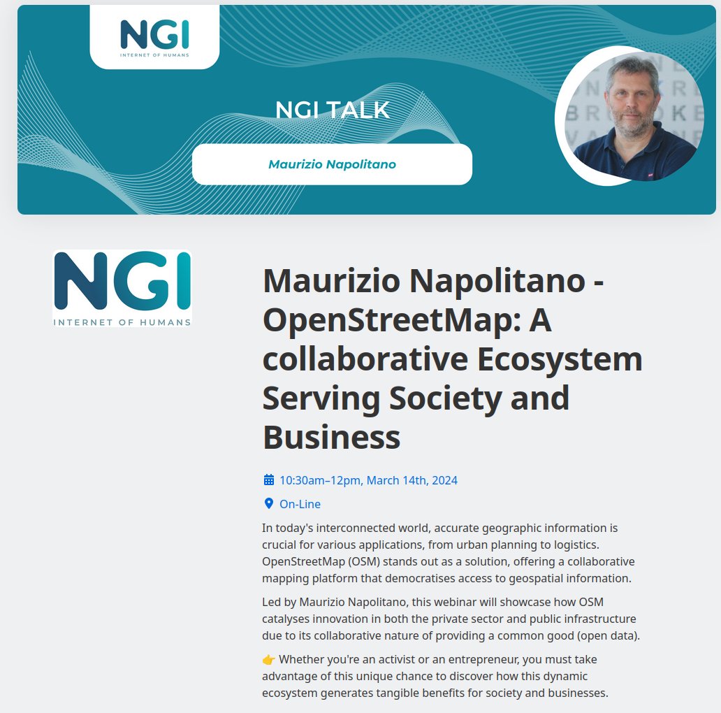 dclfbk (@dclfbk) on Twitter photo 📢 Excited about #mapping and #innovation?
<a href="/napo/">Maurizio Napolitano</a> will lead a #webinar for <a href="/NGI4eu/">NGI4eu</a> on #OpenStreetMap and its impact on #society and #business.
Explore the power of collaborative mapping on Mar 14 10:30am CET
ti.to/ngi/maurizio-n…
#opendata #digitalcommon <a href="/FBK_research/">Fondazione Bruno Kessler - FBK</a> 📢 Excited about #mapping and #innovation?
<a href="/napo/">Maurizio Napolitano</a> will lead a #webinar for <a href="/NGI4eu/">NGI4eu</a> on #OpenStreetMap and its impact on #society and #business.
Explore the power of collaborative mapping on Mar 14 10:30am CET
ti.to/ngi/maurizio-n…
#opendata #digitalcommon <a href="/FBK_research/">Fondazione Bruno Kessler - FBK</a>