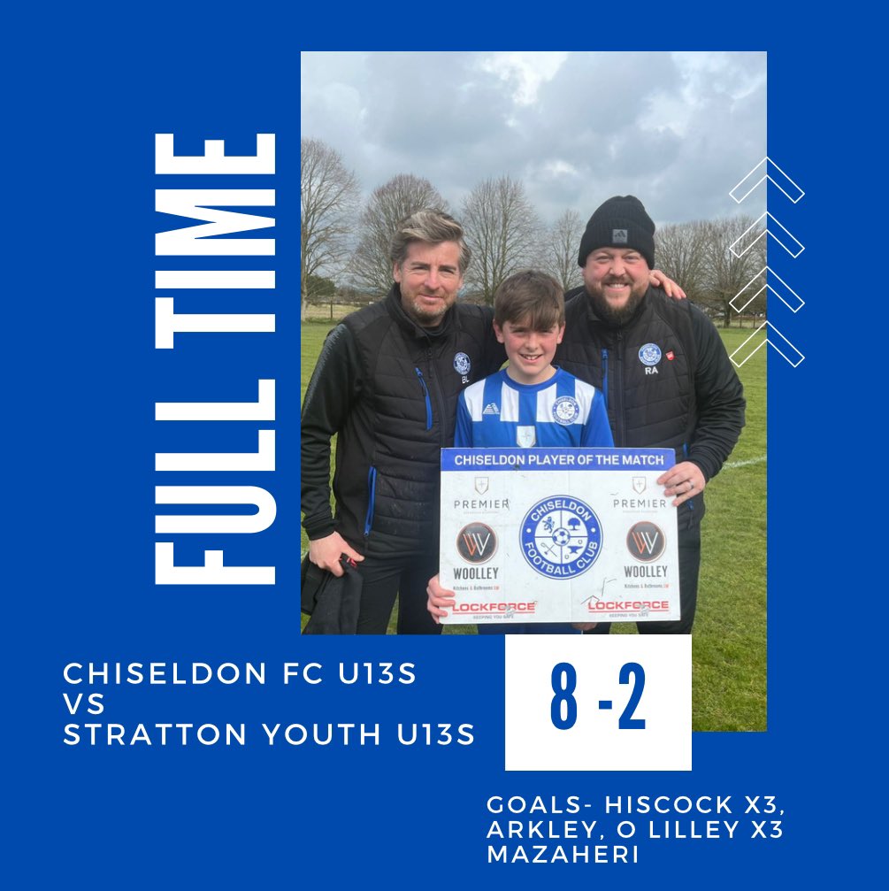 Top Performance from our U13s today, 8-2 winners against Stratton Youth 👏🏼 Man of the Match - Ethan Lilley #upthechissy 🔵⚪️🔵⚪️ Thanks as always to our sponsors @premfp @lockforce_swindon @woolleykitchensbathrooms