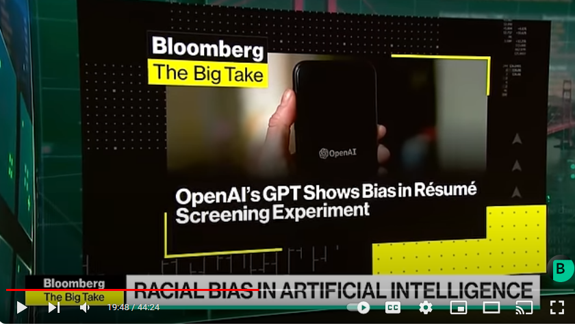 'OpenAI's GPT Shows Bias in Resume Screening Experiment'   (@ 19:48)
(Bloomberg Technology)
#OpenAI   #GPT   #Resume   #JobSeekers   #Jobs   #men   #women   #RacialBias    
youtube.com/watch?v=CqYcjh…