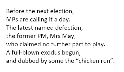 #Quangleverse #verse #rhyming #poetry #septet #politics #Elections2024 #TheresaMay #Chickenrun #MPs #Parliament