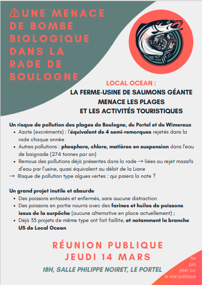 attac_opale's tweet image. Réunion publique le jeudi 14 mars à 18h, salle Philippe Noiret, 32 rue Gournay Hédouin, Le Portel. 
Un projet de ferme-usine géante de saumons, porté par la société Local Océan, menace la plage et les activités touristiques du Boulonnais... @attac_fr #Hautsdefrance
@NordPdc