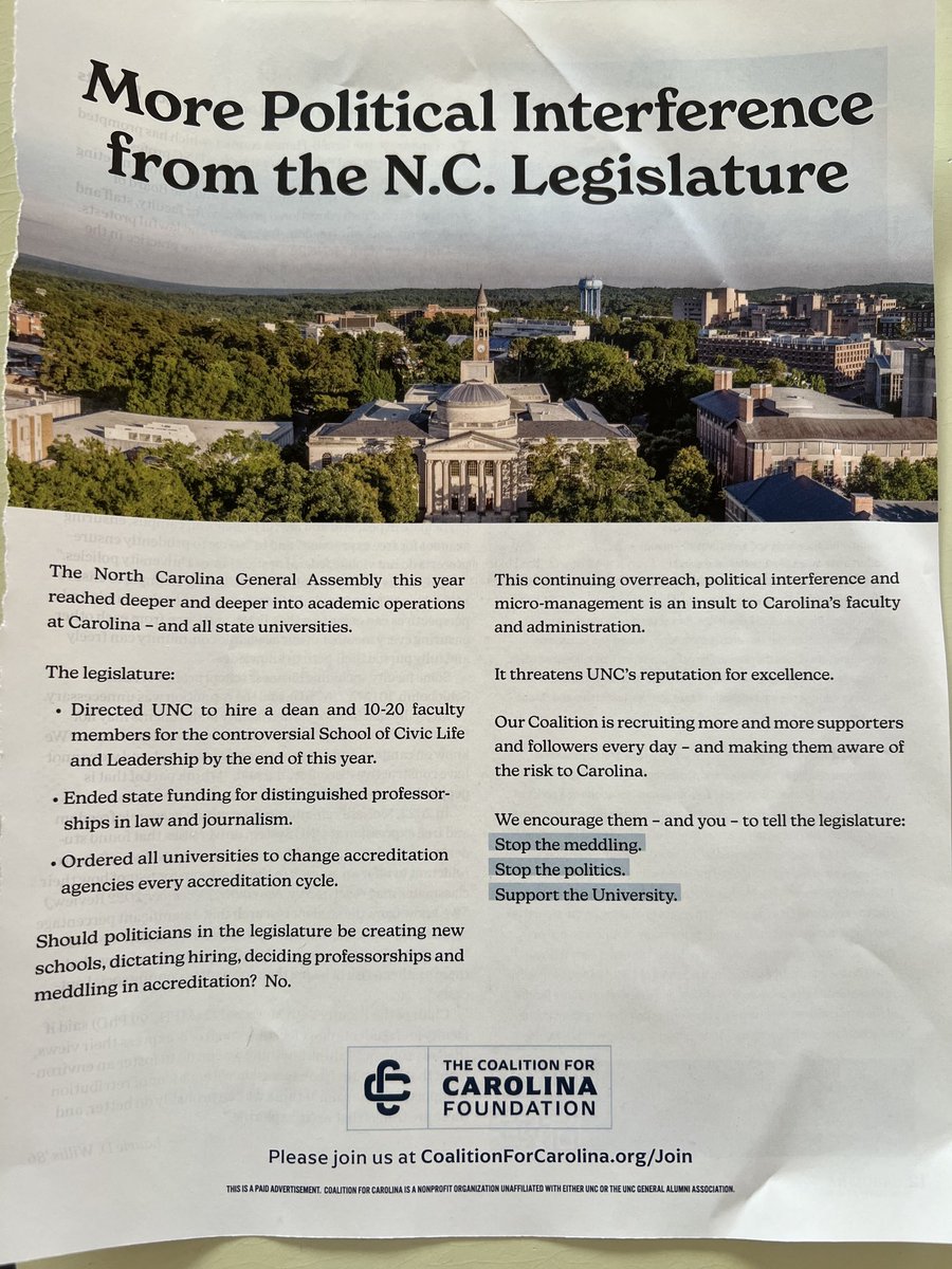In case fellow #UNC alums missed this, a troubling trend at the #NCGA. Troubling political meddling with #NC’s flagship university We can do better. #ncpol