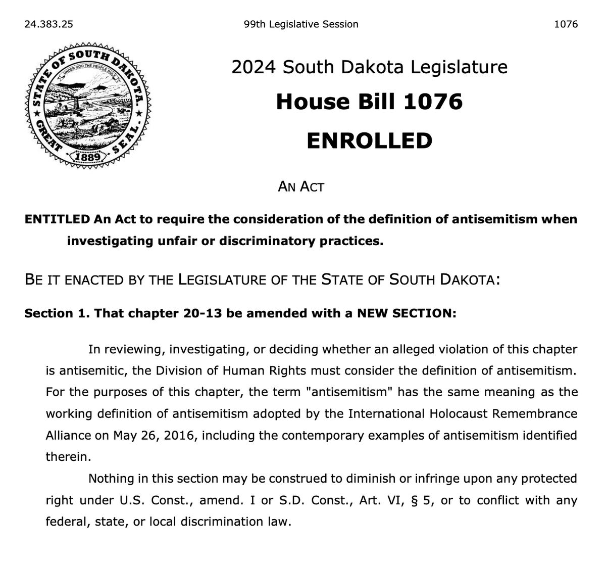 mtracey's tweet photo. Gov. Kristi Noem signed a bill clarifying the definition of "anti-Semitism" in South Dakota, with the state now adopting the 2016 "IHRA" definition -- which includes "claiming that the existence of a State of Israel is a racist endeavor" and "applying double standards" to Israel https://t.co/FkHOG1H82j