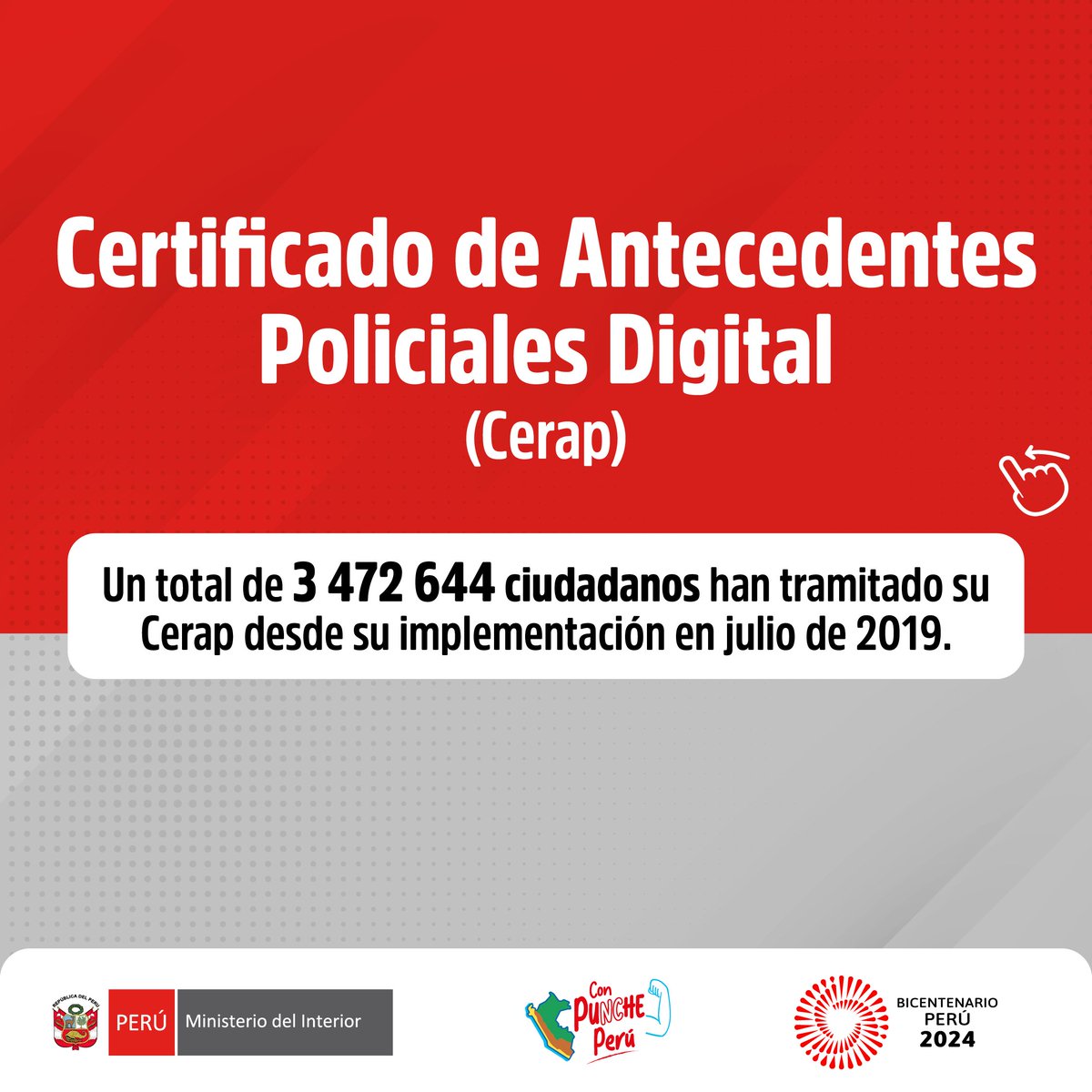MininterPeru's tweet photo. ✅ Desde que la @PoliciaPeru puso en marcha el servicio de Certificado de Antecedentes Policiales Digital (#CerapDigital), un total de 3 472 644 ciudadanos tramitaron este documento de manera rápida, segura y fácil a nivel nacional.
🗞️ Conoce más ➡️ https://t.co/pV2PSFRw4R https://t.co/Or3p7po5NL