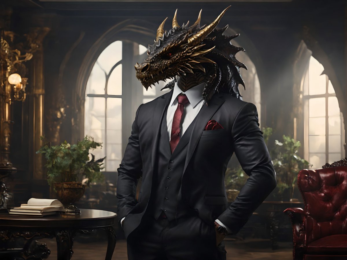 Embrace the extraordinary: a dragon-human hybrid exuding sophistication in a modern business suit, yet retaining its majestic dragon head. All within the timeless elegance of a classic interior. #DragonSuit #FantasyMeetsReality #ClassicElegance #ModernMythology #DragonInStyle
