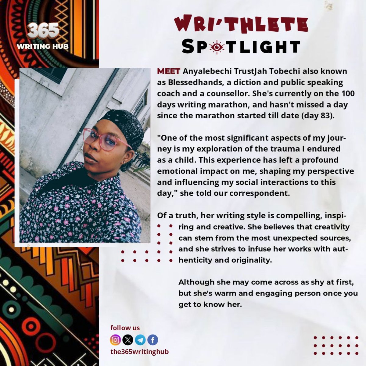 the365kreativs's tweet photo. In the spotlight today is a Wri'thlete whose words inspire and delight. A master of the written word, she weaves magic with every sentence. Meet @tselocution 🤗

 #the365writingmarathon #the100writingmarathon #the365spotlight #writer #author  #writerspotlight #spotlight https://t.co/i9PajW7Ybk