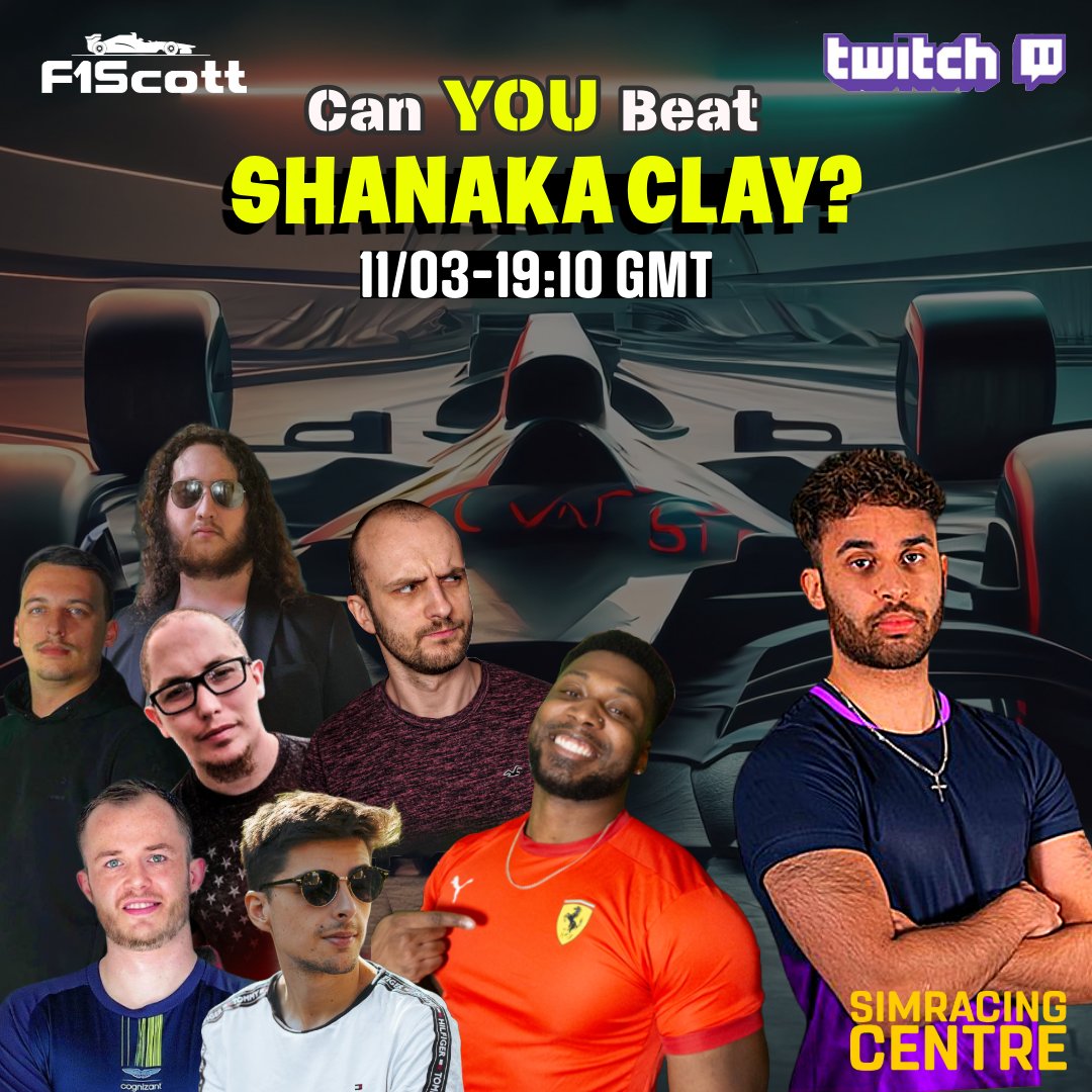 Monday night at 19:10 GMT! Who will beat @Shanaka_Clay? @Alex_Gillon @saffzo @UnstoppRob @inphratic @GB68official @ElTacoMan_ @AlexLynam12 Tune in to F1scott on twitch to find out :)