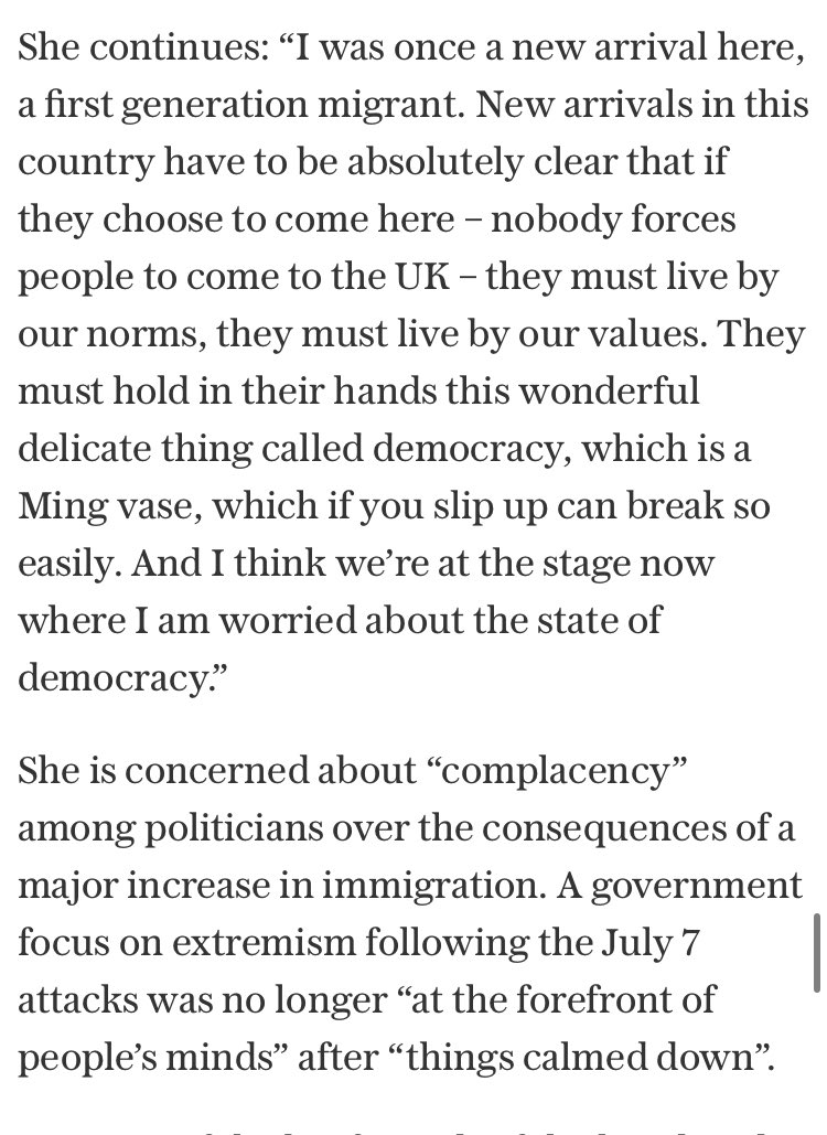 Equalities chief @KishwerFalkner: ‘New arrivals in this country must live by our values. I am worried about the state of democracy’ telegraph.co.uk/news/2024/03/0…