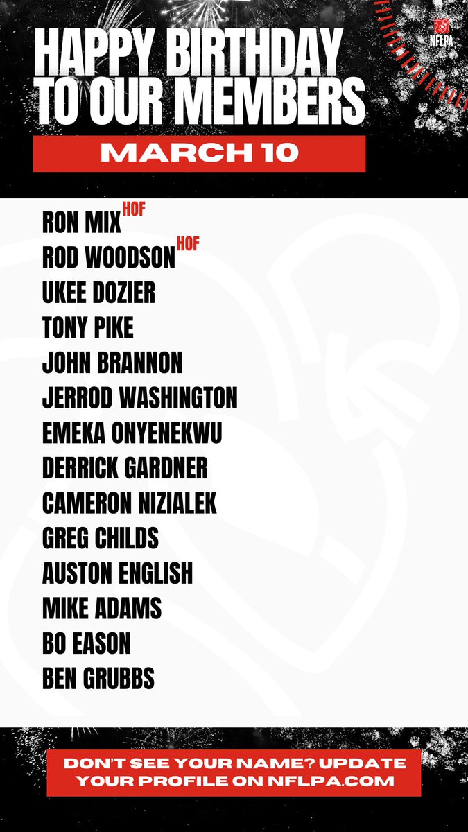 NFLPA Former Players (@nflpafmrplayers) on Twitter photo Happy birthday to our members <a href="/RodWoodson26/">.</a> @udotdozier <a href="/tony_pike15/">Tony Pike</a> <a href="/princejohnb15/">John Brannon III</a> <a href="/jerrodwash22/">Jerrod Washington</a> @Eonyenekwu @camnizguy <a href="/TheGregChilds85/">Mr.Childs</a> @Reel33 <a href="/Channel75live/">Mike Adams</a> <a href="/BoEason/">Bo Eason</a> - Happy Birthday enjoy your day of celebration! Happy birthday to our members <a href="/RodWoodson26/">.</a> @udotdozier <a href="/tony_pike15/">Tony Pike</a> <a href="/princejohnb15/">John Brannon III</a> <a href="/jerrodwash22/">Jerrod Washington</a> @Eonyenekwu @camnizguy <a href="/TheGregChilds85/">Mr.Childs</a> @Reel33 <a href="/Channel75live/">Mike Adams</a> <a href="/BoEason/">Bo Eason</a> - Happy Birthday enjoy your day of celebration!